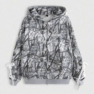 ROMWE Gray Camouflage Hoodie with White Embroidery